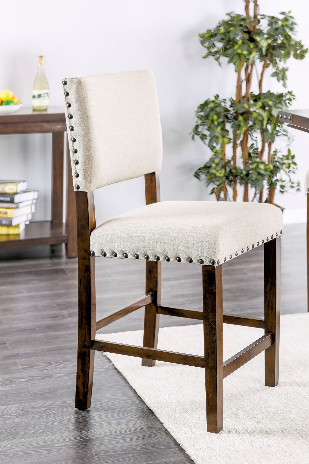Ivory Padded Fabric Chairs Set of 2pc Dining High Chairs Nailhead Trims Solid wood Brown Cherry