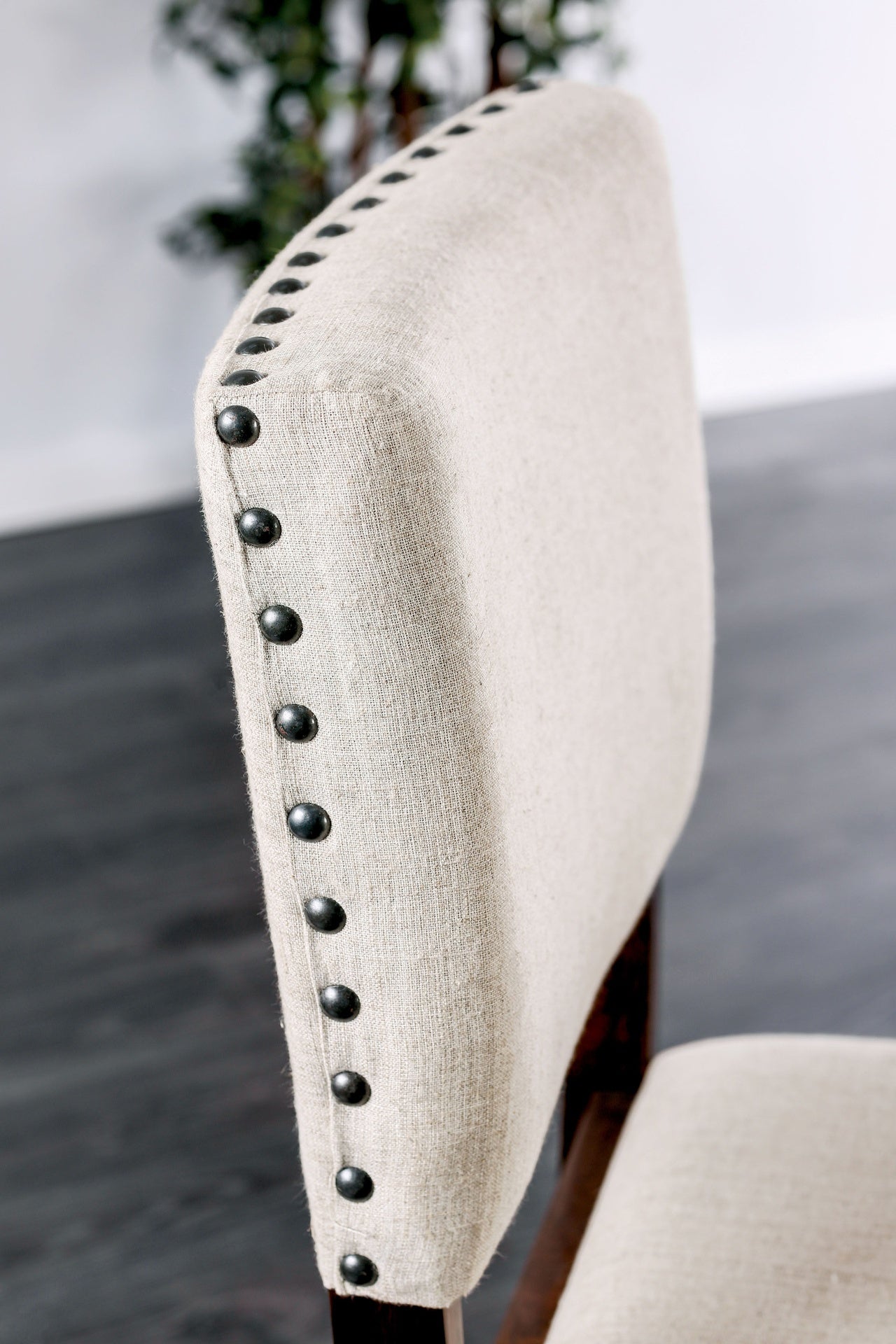 Ivory Padded Fabric Chairs Set of 2pc Dining High Chairs Nailhead Trims Solid wood Brown Cherry