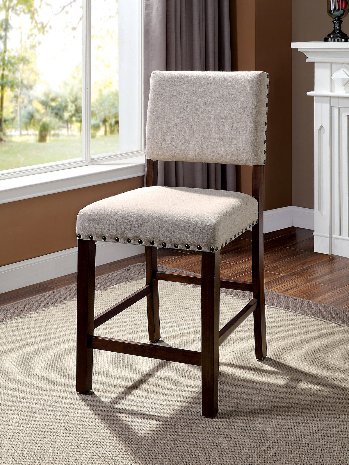 Ivory Padded Fabric Chairs Set of 2pc Dining High Chairs Nailhead Trims Solid wood Brown Cherry