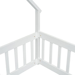 Twin Wood House-Shaped Floor Bed with Fence, Guardrails ,White
