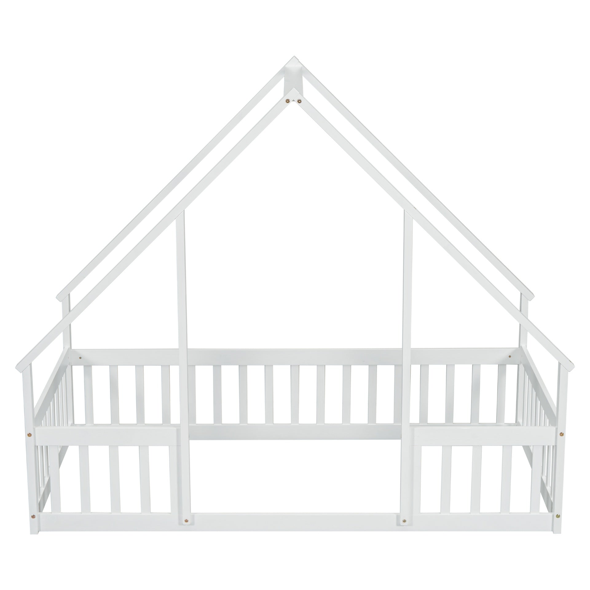 Twin Wood House-Shaped Floor Bed with Fence, Guardrails ,White
