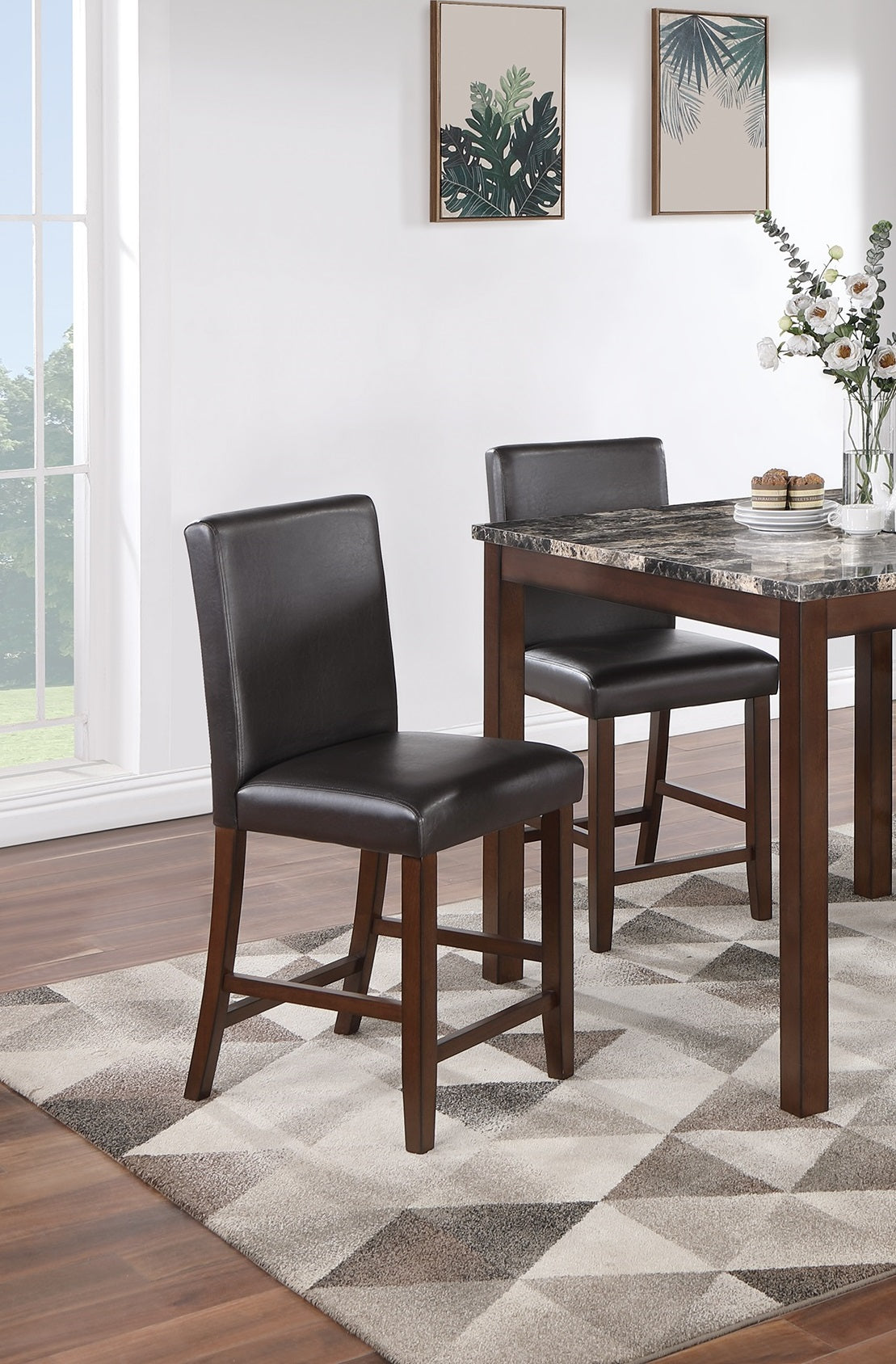 Classic Stylish Espresso Finish 5pc Counter Height Dining Set Kitchen Dinette Faux Marble Top Table and 4x High Chairs Faux Leather Cushions Seats Dining Room