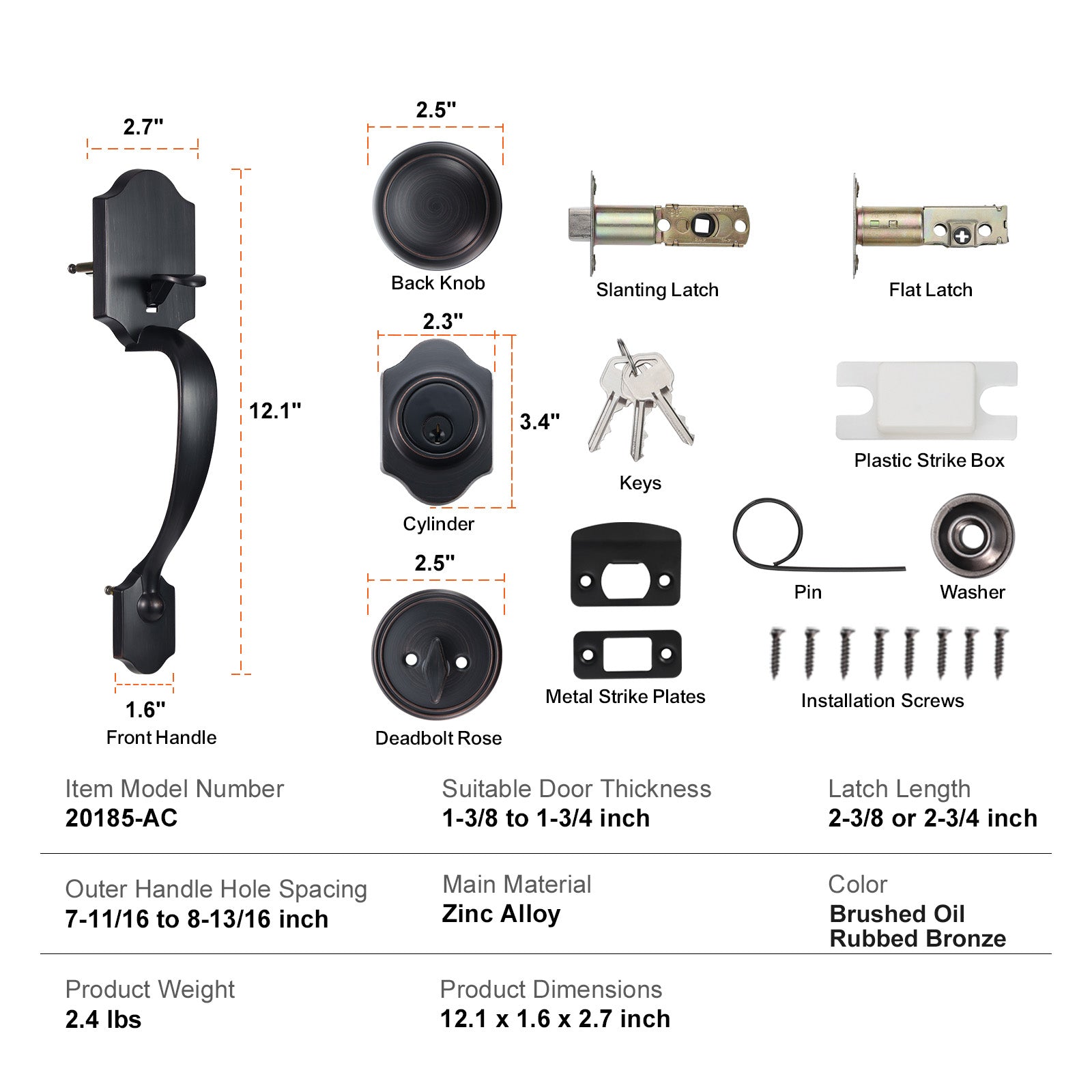 Front Door Handle and Deadbolt Set, Antique Copper Front Door Lock Set with Interior Knob, Adjustable Hole Spacing Single Cylinder Handleset, for Right and Left Handed Entrance and Front Door