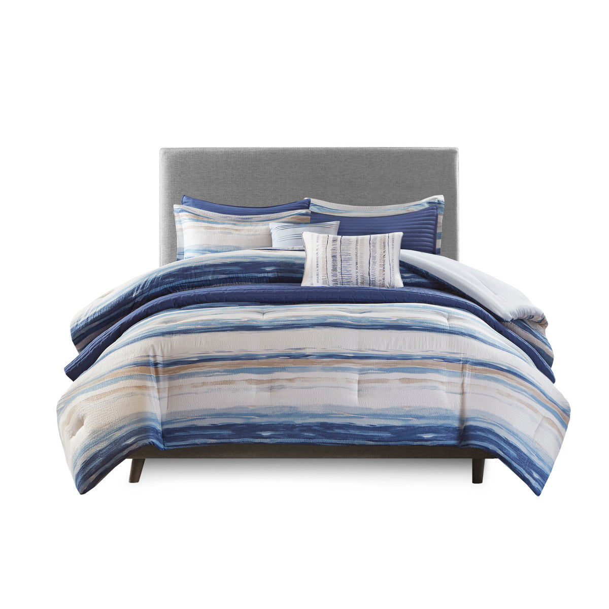 8 Piece Printed Seersucker Comforter and Quilt Set Collection Blue Full/Queen