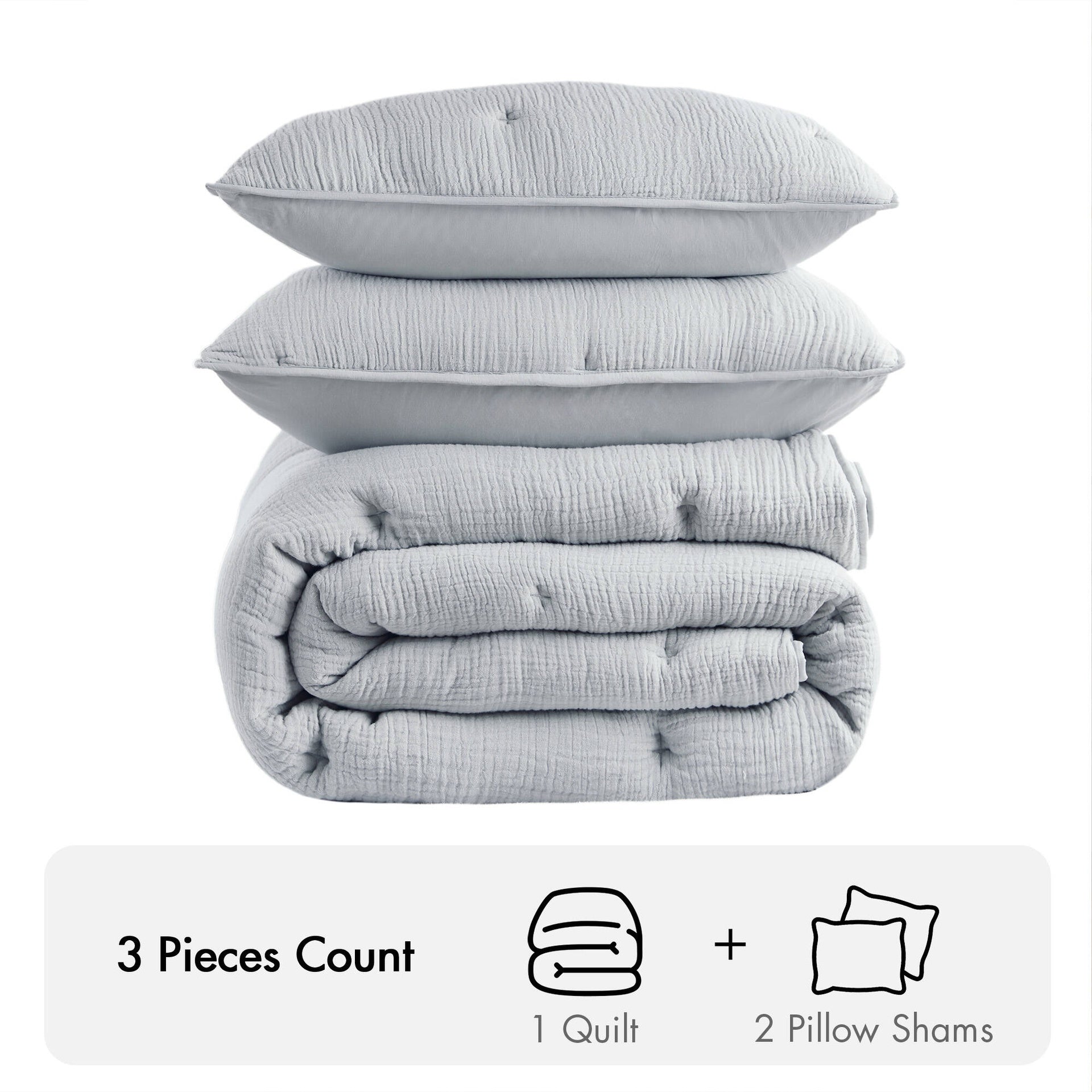 3-Piece Full/Queen Cotton Gauze  Embroidered Quilt Set,Blue