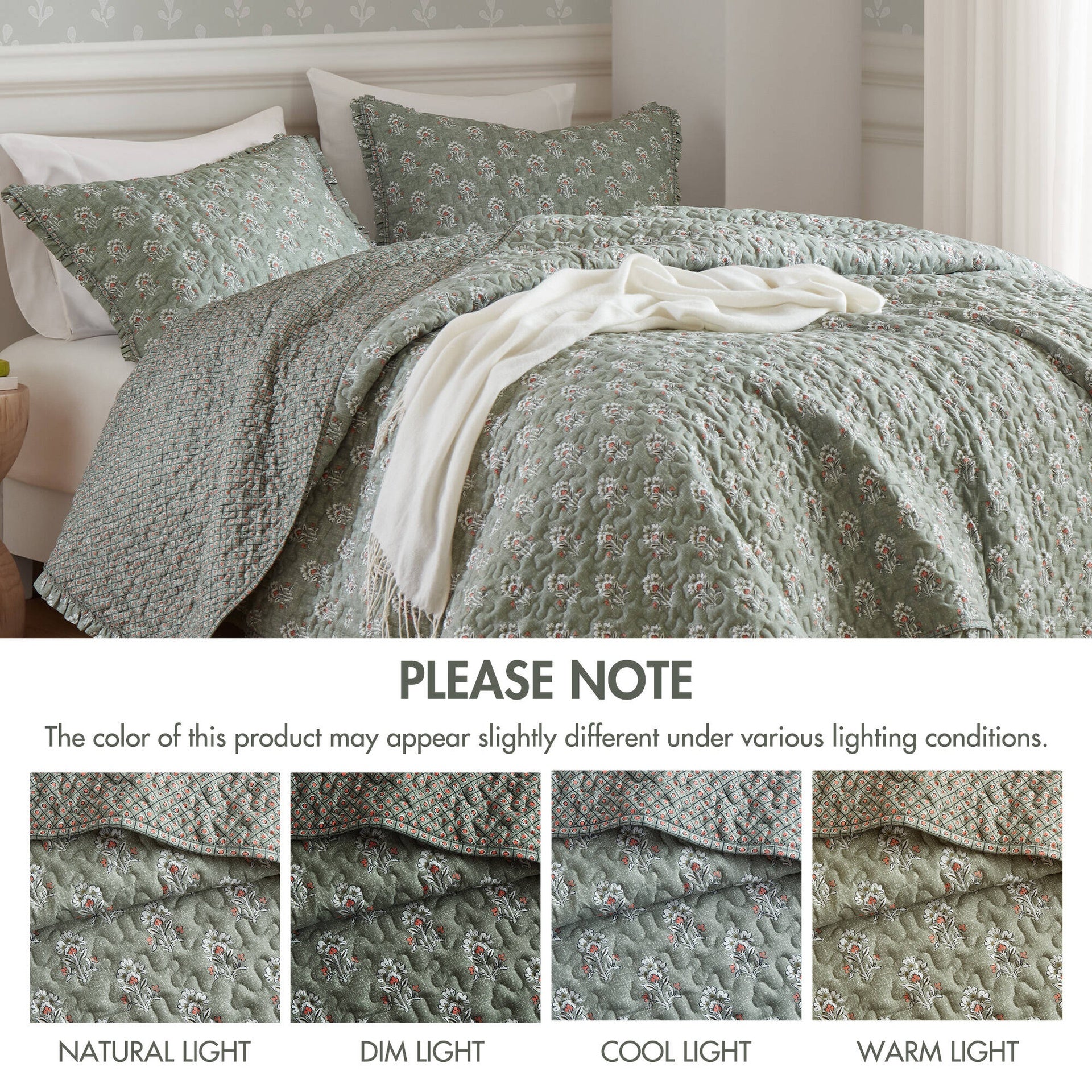 3-Piece Queen 3 Piece Ruffle Printed Quilt Set,Sage Green