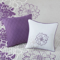 6 Piece Printed Cotton Quilt Set with Throw Pillows Taupe Grey/Purple Full/Queen