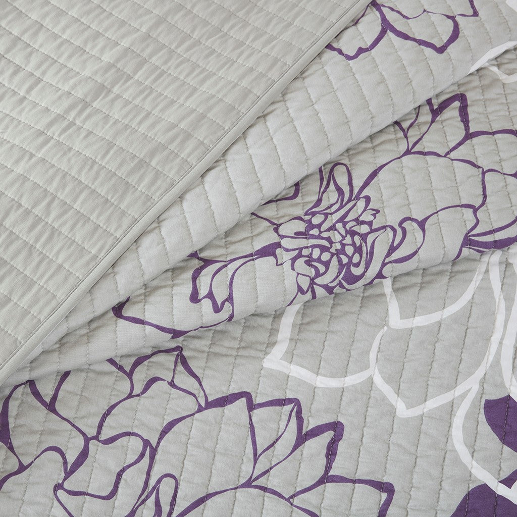 6 Piece Printed Cotton Quilt Set with Throw Pillows Taupe Grey/Purple Full/Queen