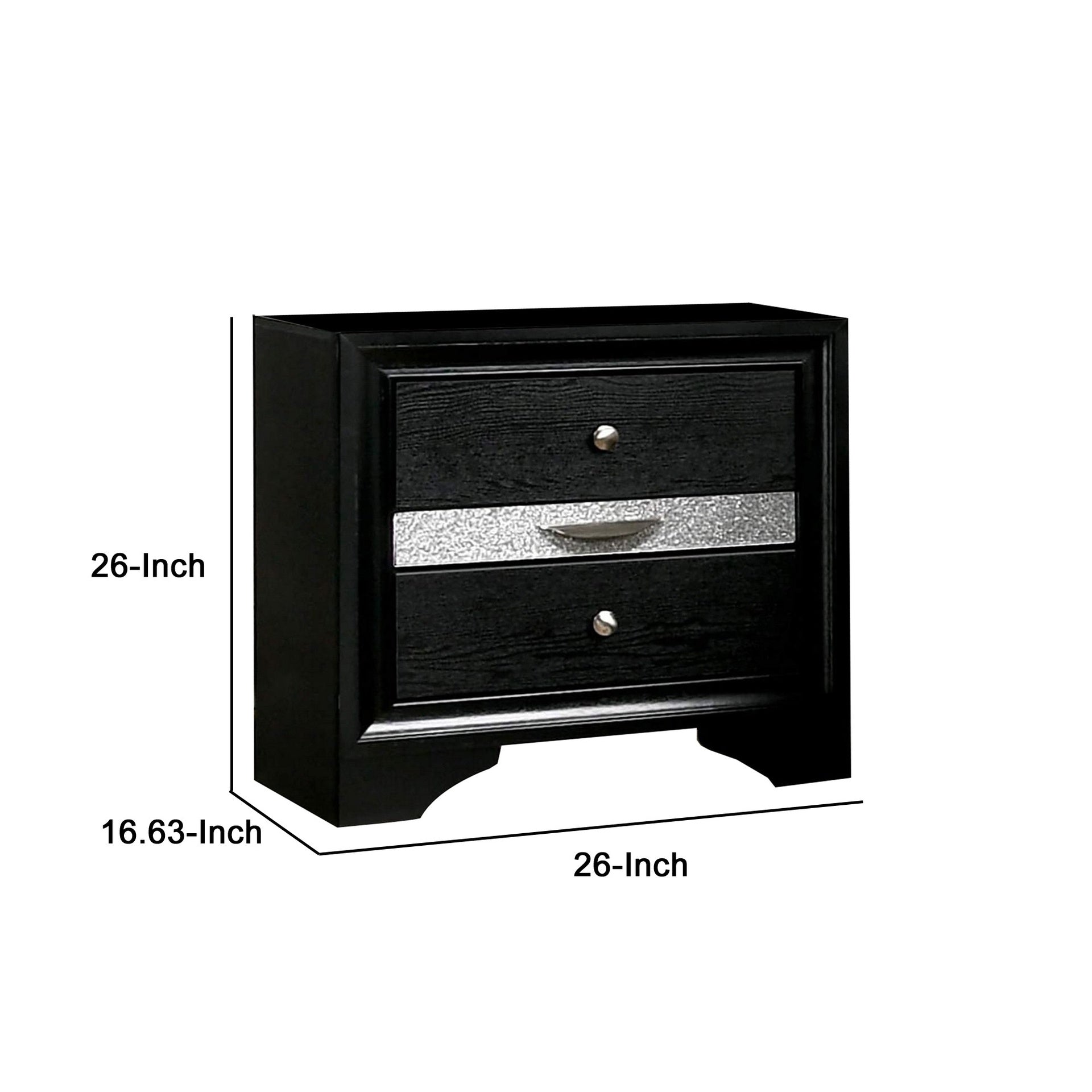 Nightstand with Silver Trim Accent and 1 Jewelry Drawer, Black