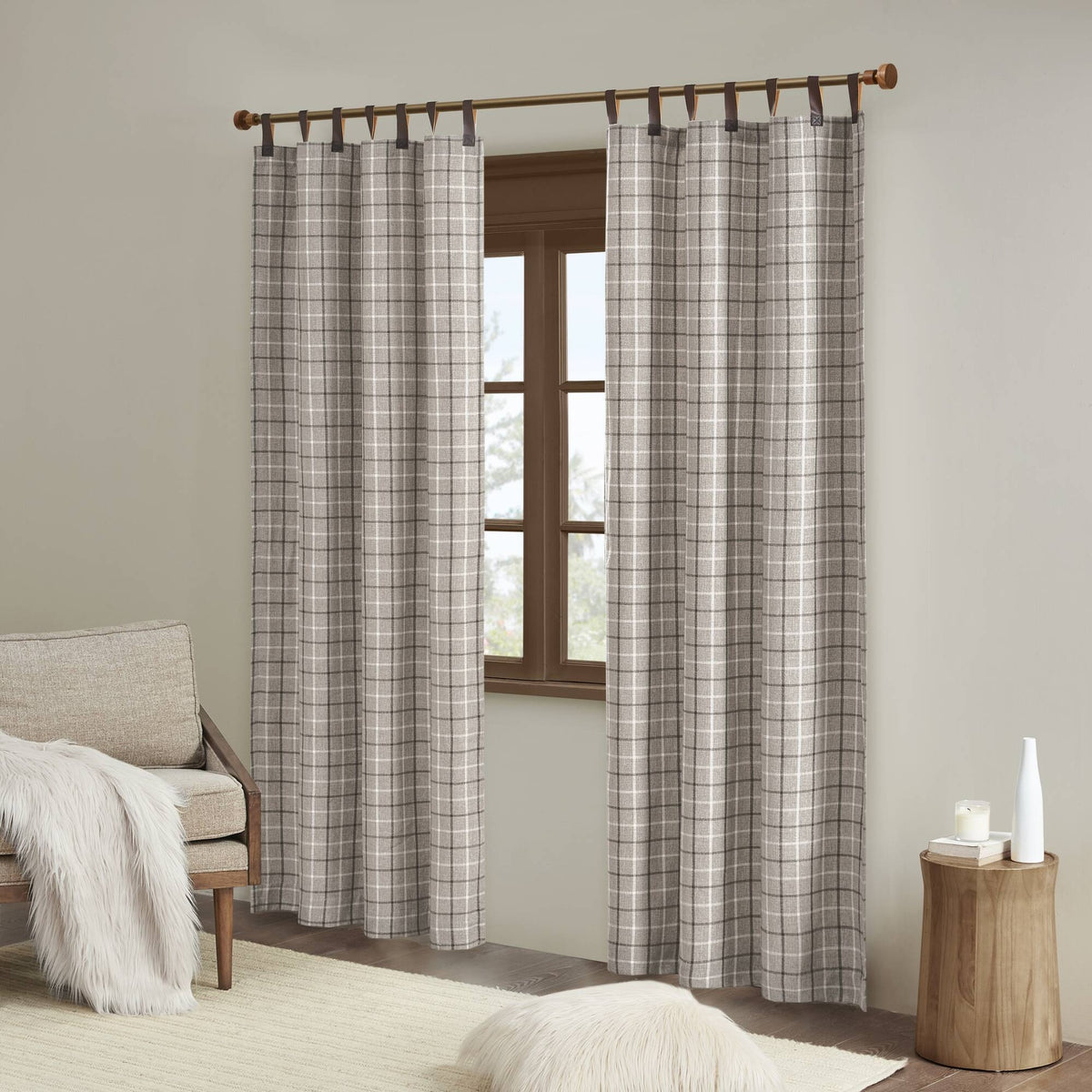 1-Piece 50x95" Plaid Faux Leather Tab Top Curtain Panel with Fleece Lining,Brown
