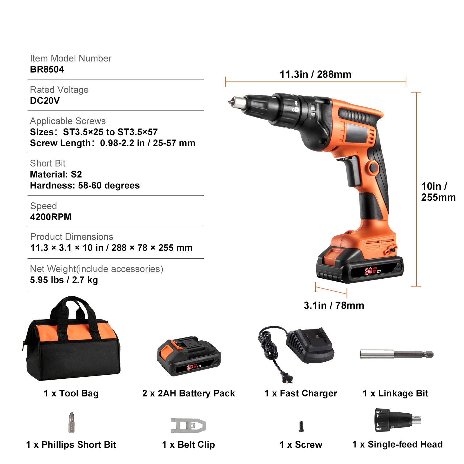 Drywall Screw Gun, 20V Max Drywall Screwgun, 4200RPM Brushless Cordless Drywall Gun Kit with 2 Battery Packs, Charger, Belt Clip, and Tool Bag, Forward and Reverse Adjustable, Built-in LED Light