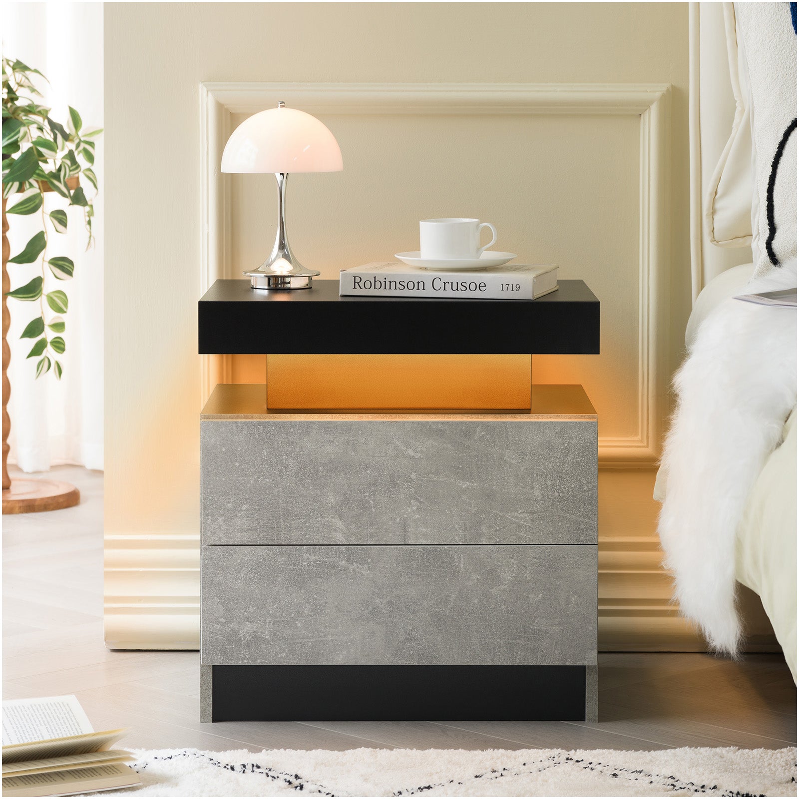 Nightstand LED Bedside Table Cabinet Lights Modern End Side with 2 Drawers for Bedroom (Black+Gray)