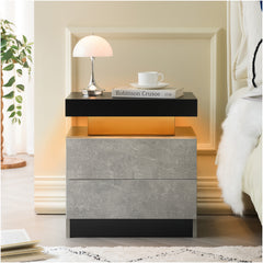 Nightstand LED Bedside Table Cabinet Lights Modern End Side with 2 Drawers for Bedroom (Black+Gray)