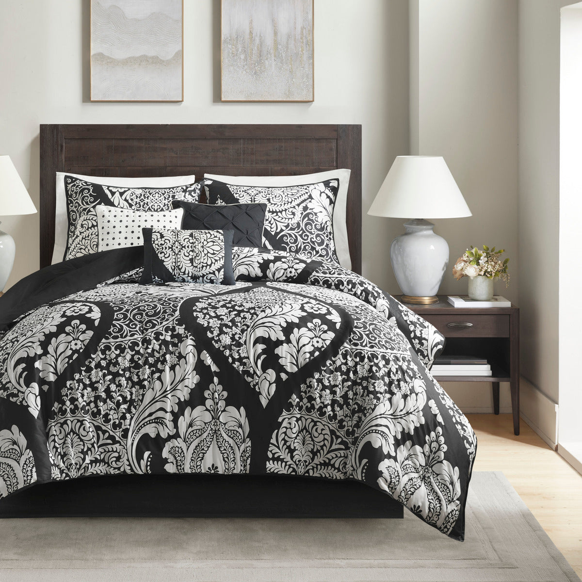7 Piece Cotton Printed Comforter Set Black Queen