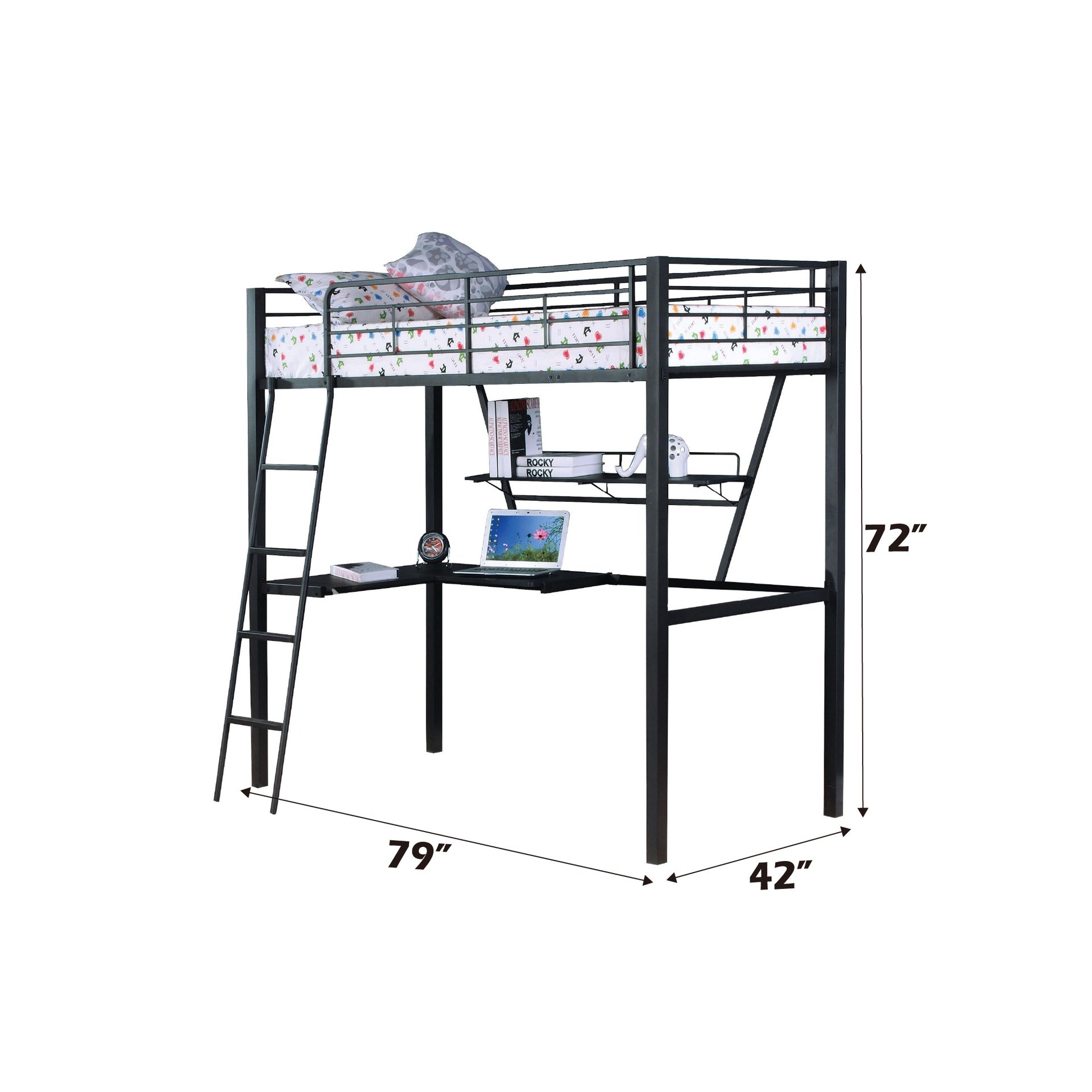 Senon Silver & Black Finish Twin Loft Bed W/Desk