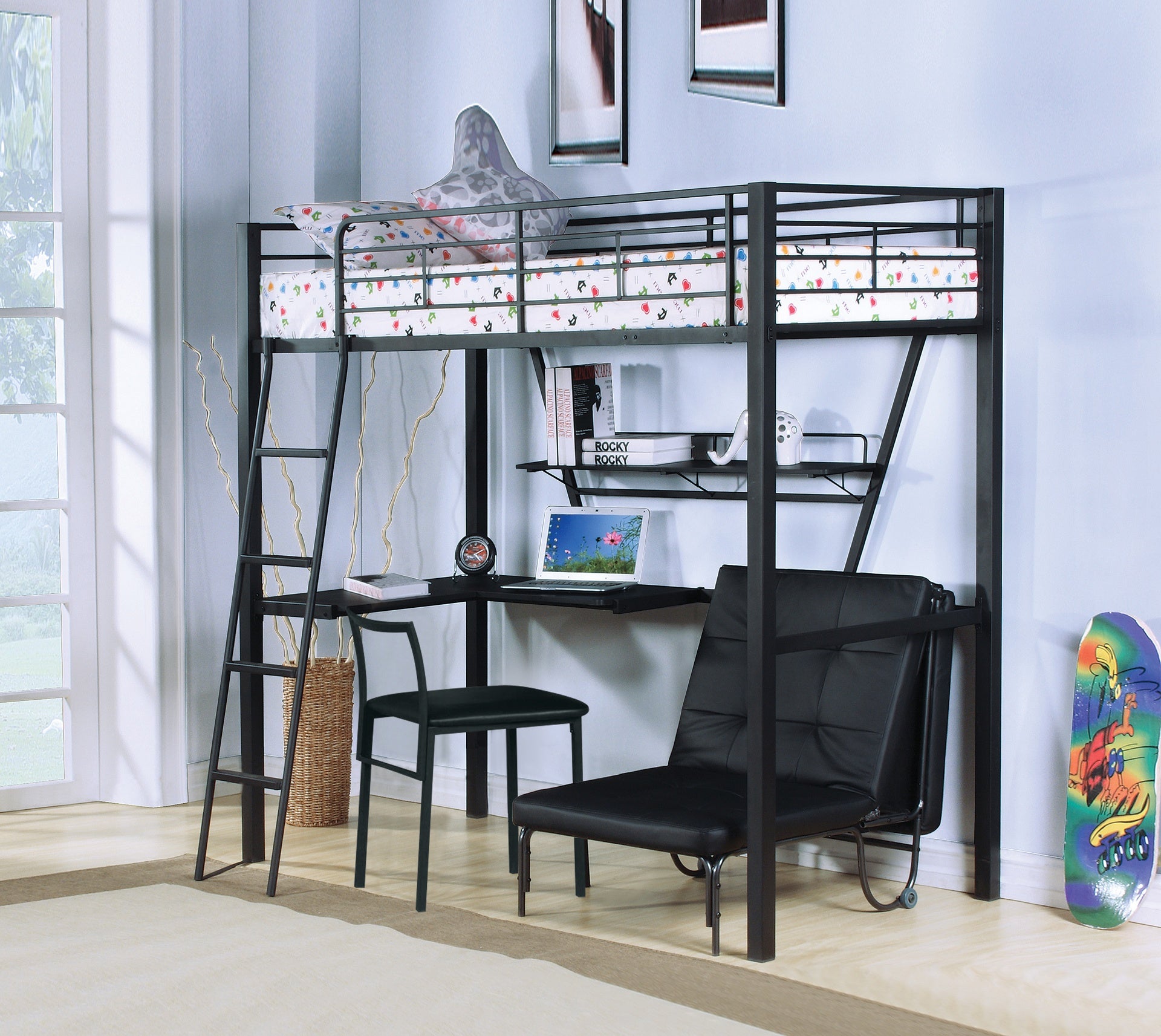 Senon Silver & Black Finish Twin Loft Bed W/Desk