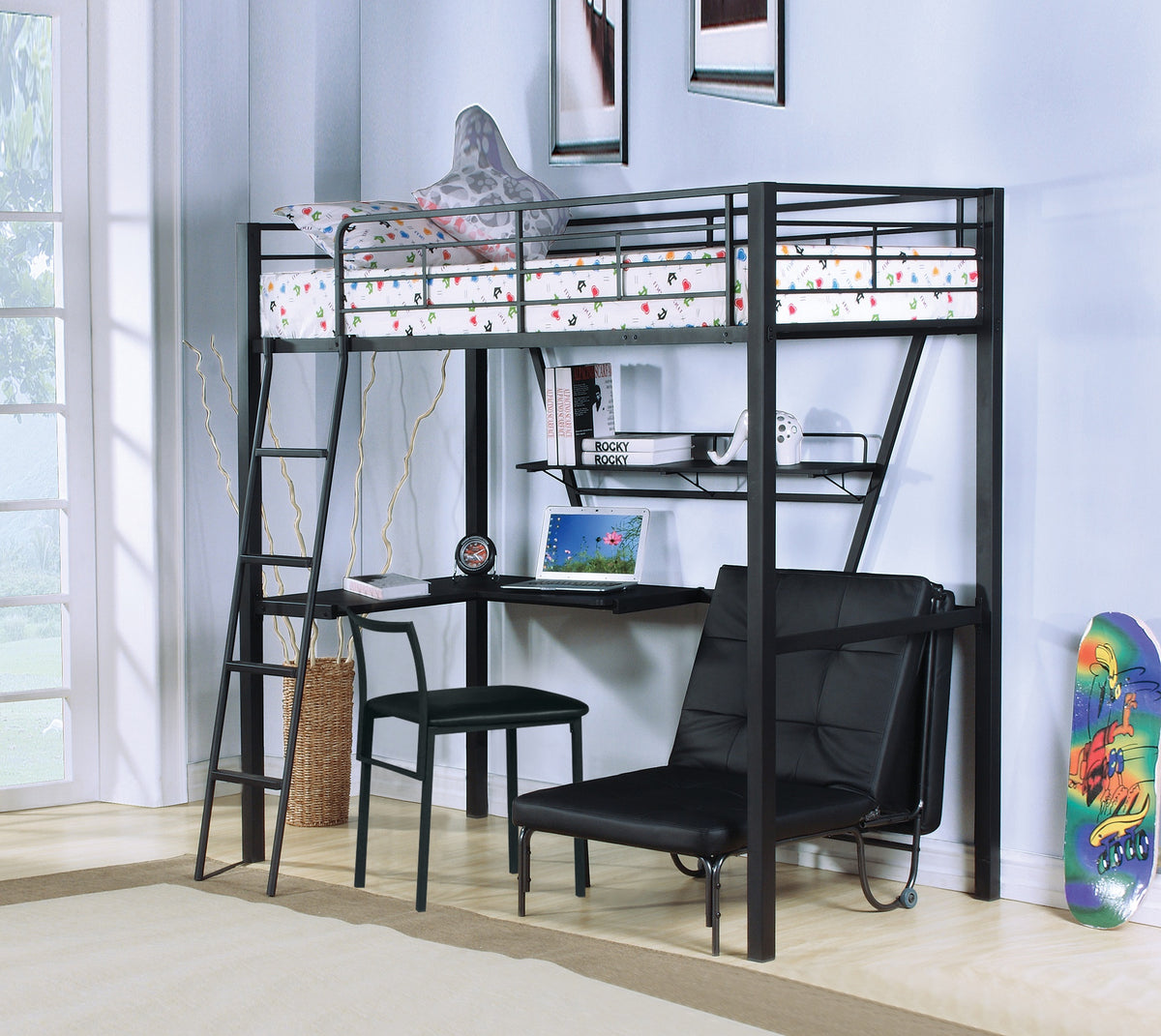 Senon Silver & Black Finish Twin Loft Bed W/Desk