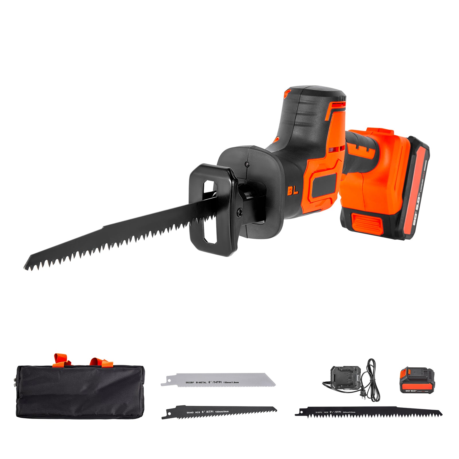 Cordless Reciprocating Saw, 20 V, 3000 SPM Variable Speed, 1 inch Stroke Length, Electric Reciprocating Saw with Battery, Charger, 8 Blades, and Carrying Bag, for Wood, Metal and Plastic Cutting