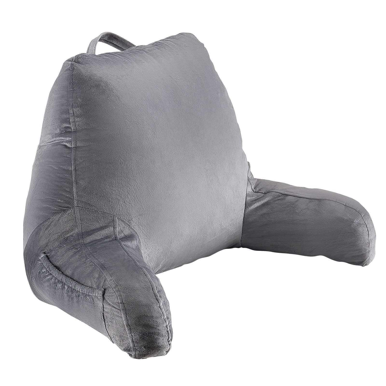Reading Pillow, Standard Size Bed Pillow with Shredded Memory Foam, Back Pillow with 3 Pockets and Washable Short Velvet Cloth, Top with Handle, for Watching TV, Reading, Gaming, Resting, Grey