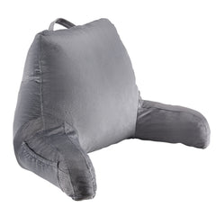 Reading Pillow, Standard Size Bed Pillow with Shredded Memory Foam, Back Pillow with 3 Pockets and Washable Short Velvet Cloth, Top with Handle, for Watching TV, Reading, Gaming, Resting, Grey
