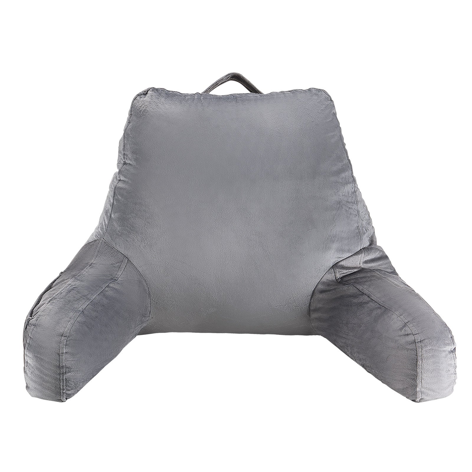 Reading Pillow, Standard Size Bed Pillow with Shredded Memory Foam, Back Pillow with 3 Pockets and Washable Short Velvet Cloth, Top with Handle, for Watching TV, Reading, Gaming, Resting, Grey
