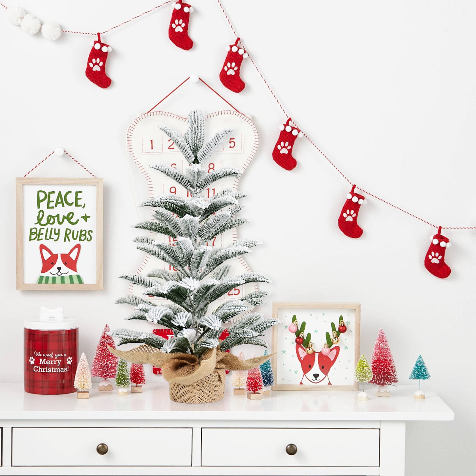 50CM Flocked Tabletop Christmas Tree, Full PE Snowy Mini Tree with 85 Tips, Cement Burlap Base – Small Winter Holiday Decor for Home, Office, Desk or Gifts