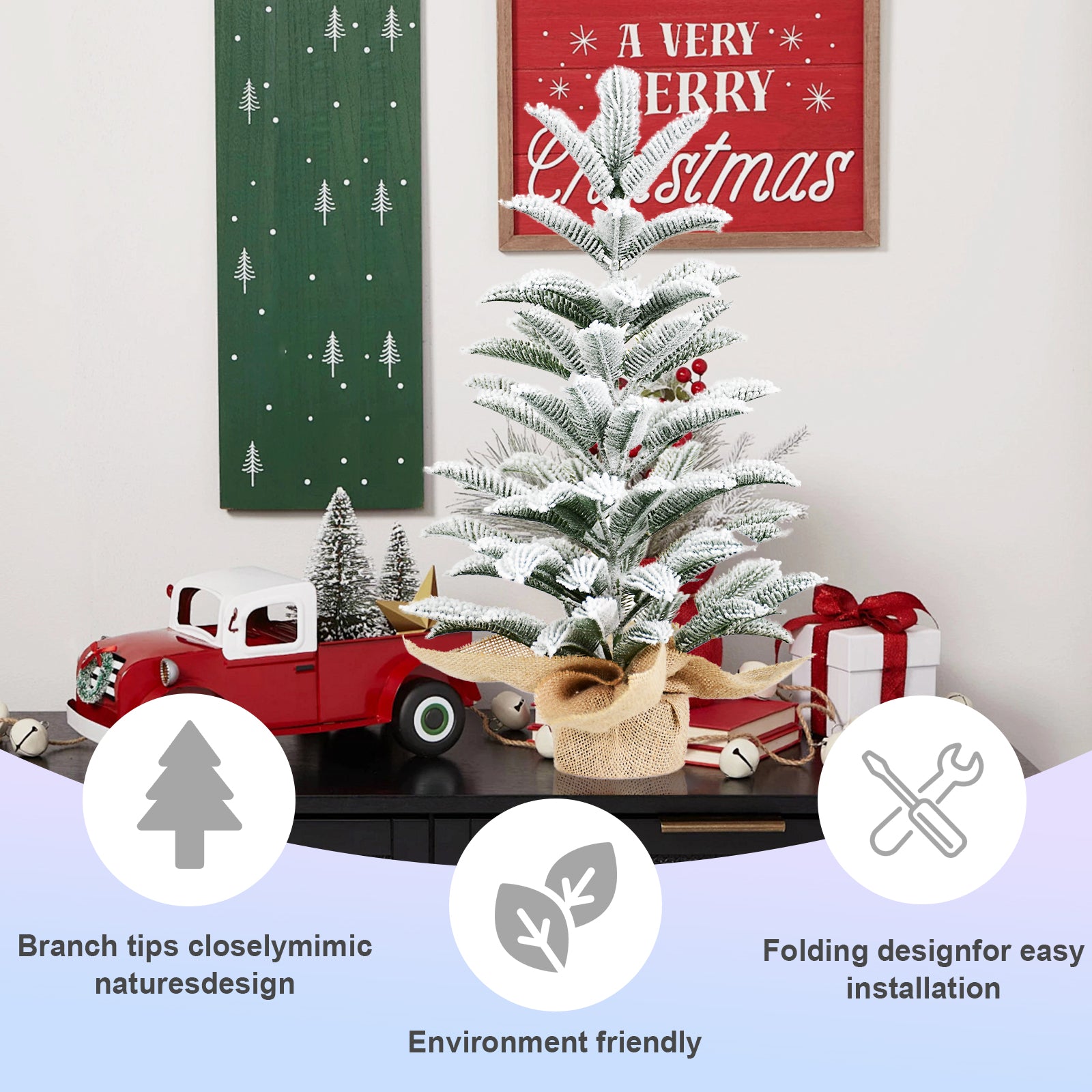 50CM Flocked Tabletop Christmas Tree, Full PE Snowy Mini Tree with 85 Tips, Cement Burlap Base – Small Winter Holiday Decor for Home, Office, Desk or Gifts