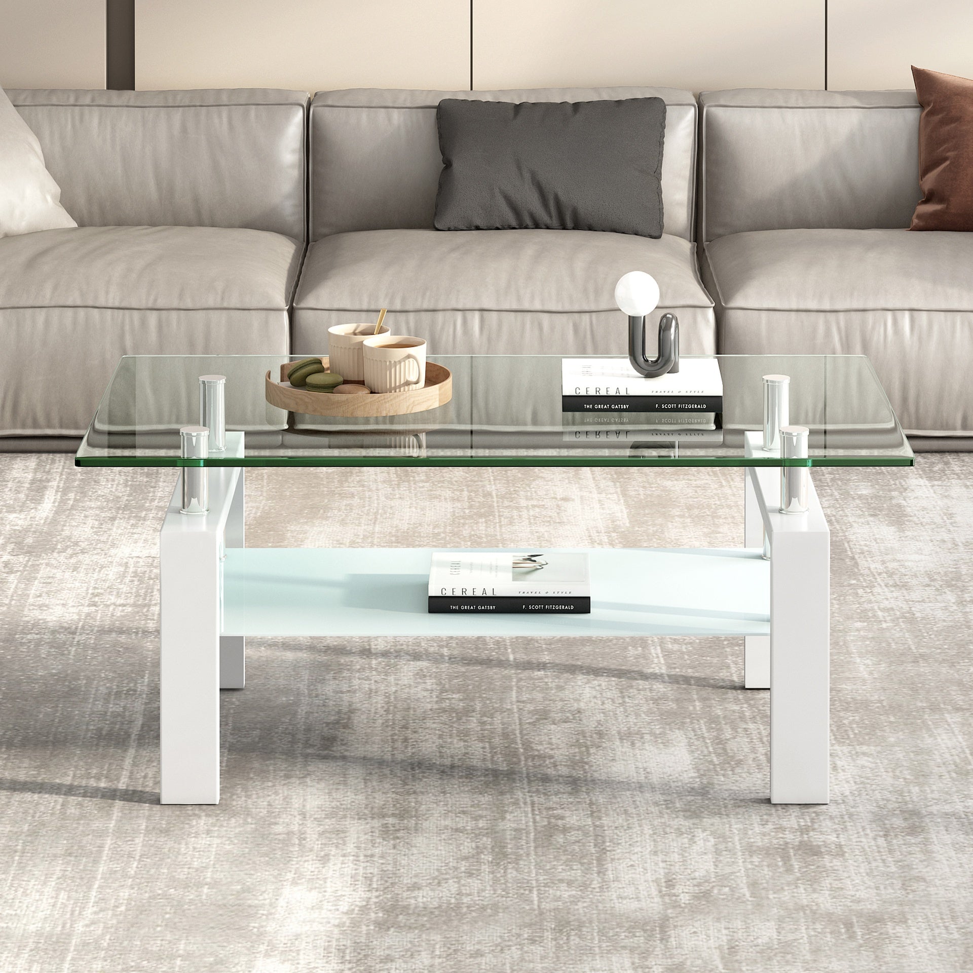 Tempered Clear Glass Coffee Table, 2-Layers Coffee Table Living Room Center Table