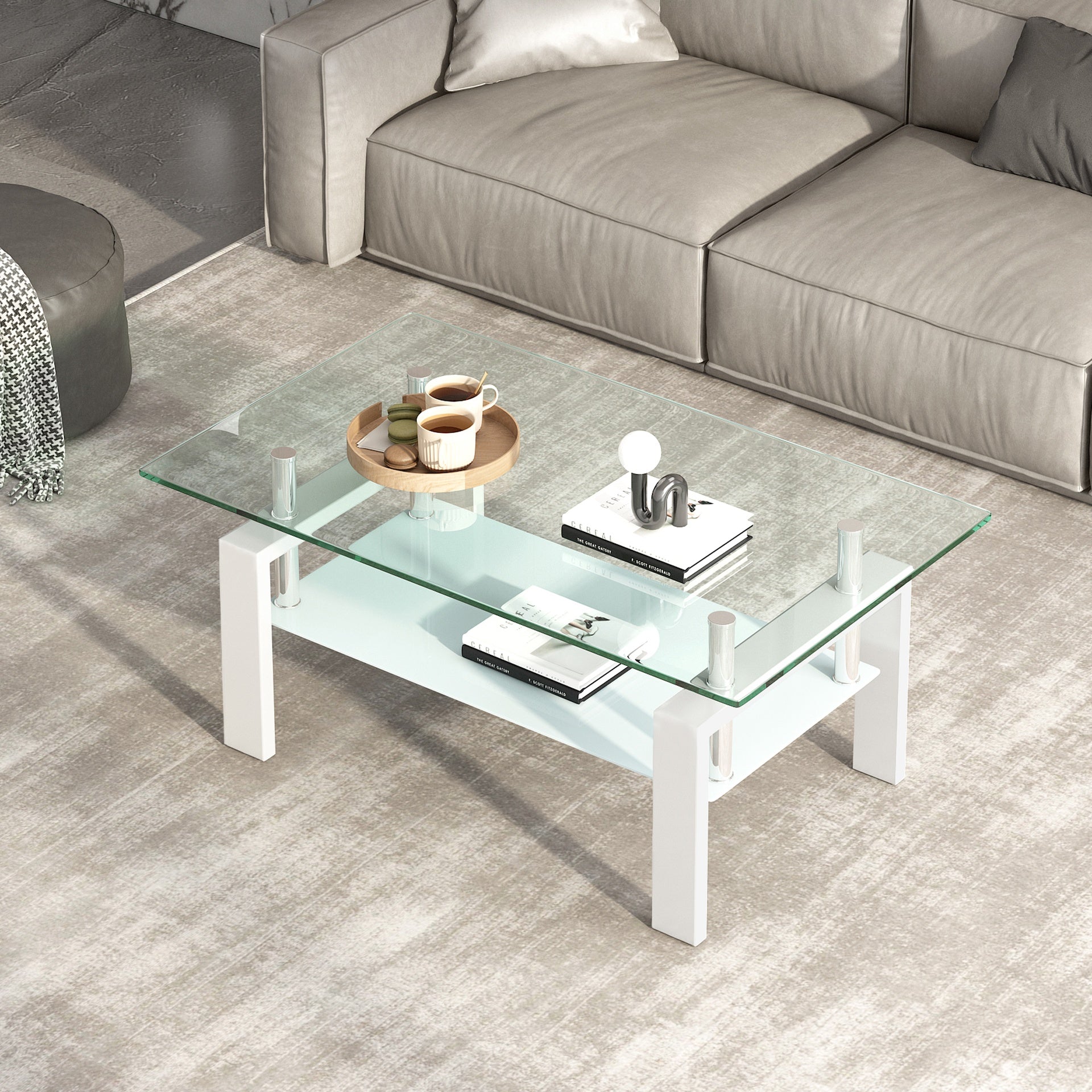 Tempered Clear Glass Coffee Table, 2-Layers Coffee Table Living Room Center Table