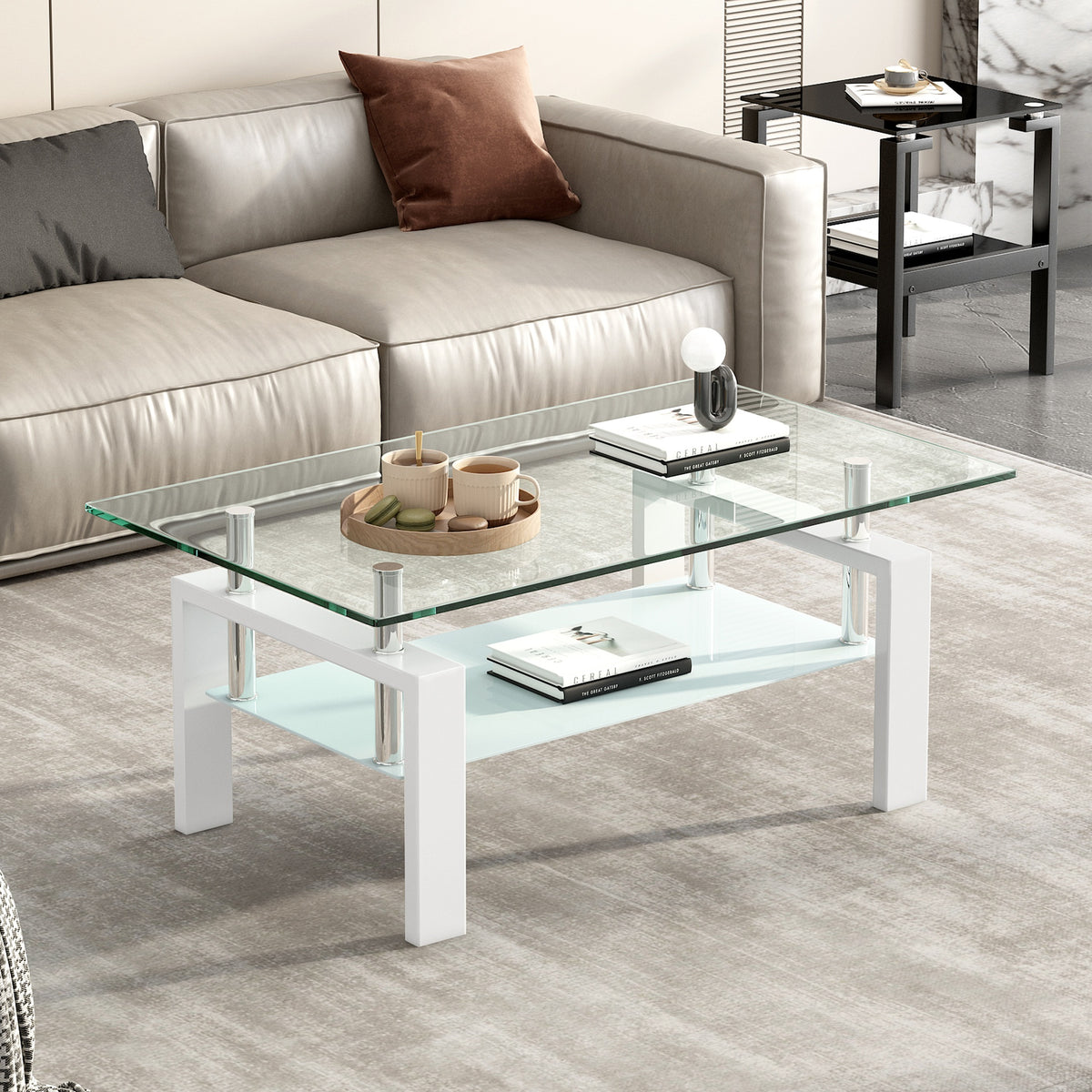 Tempered Clear Glass Coffee Table, 2-Layers Coffee Table Living Room Center Table