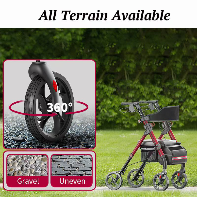 Matinal Foldable Rollator Walkers with Seat for Seniors, 350 lb Capacity, 8'' Big Wheels, 6-Position Height, Premium Hybrid Rolling Walker - Aluminum and Carbon Steel (RED)