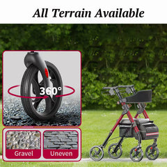Matinal Foldable Rollator Walkers with Seat for Seniors, 350 lb Capacity, 8'' Big Wheels, 6-Position Height, Premium Hybrid Rolling Walker - Aluminum and Carbon Steel (RED)