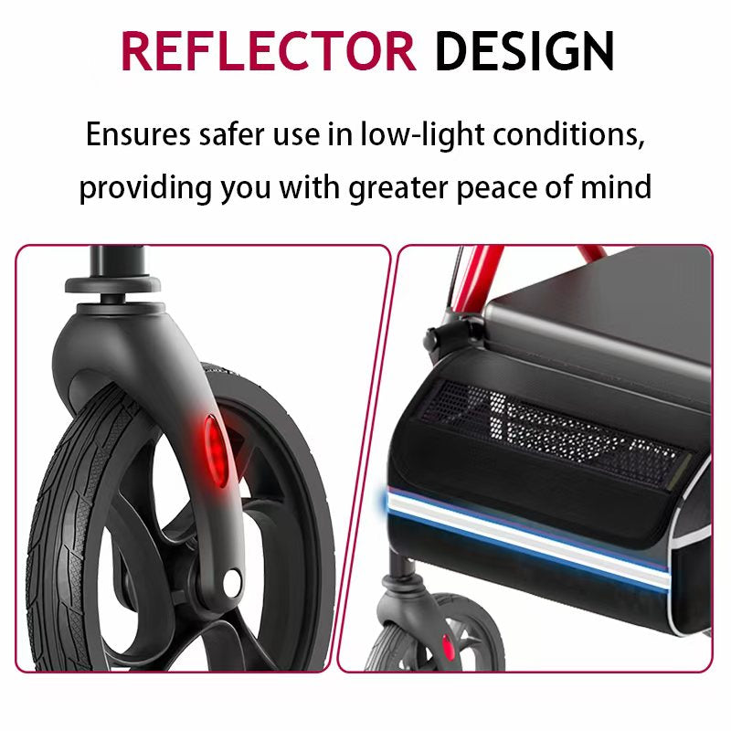 Matinal Foldable Rollator Walkers with Seat for Seniors, 350 lb Capacity, 8'' Big Wheels, 6-Position Height, Premium Hybrid Rolling Walker - Aluminum and Carbon Steel (RED)