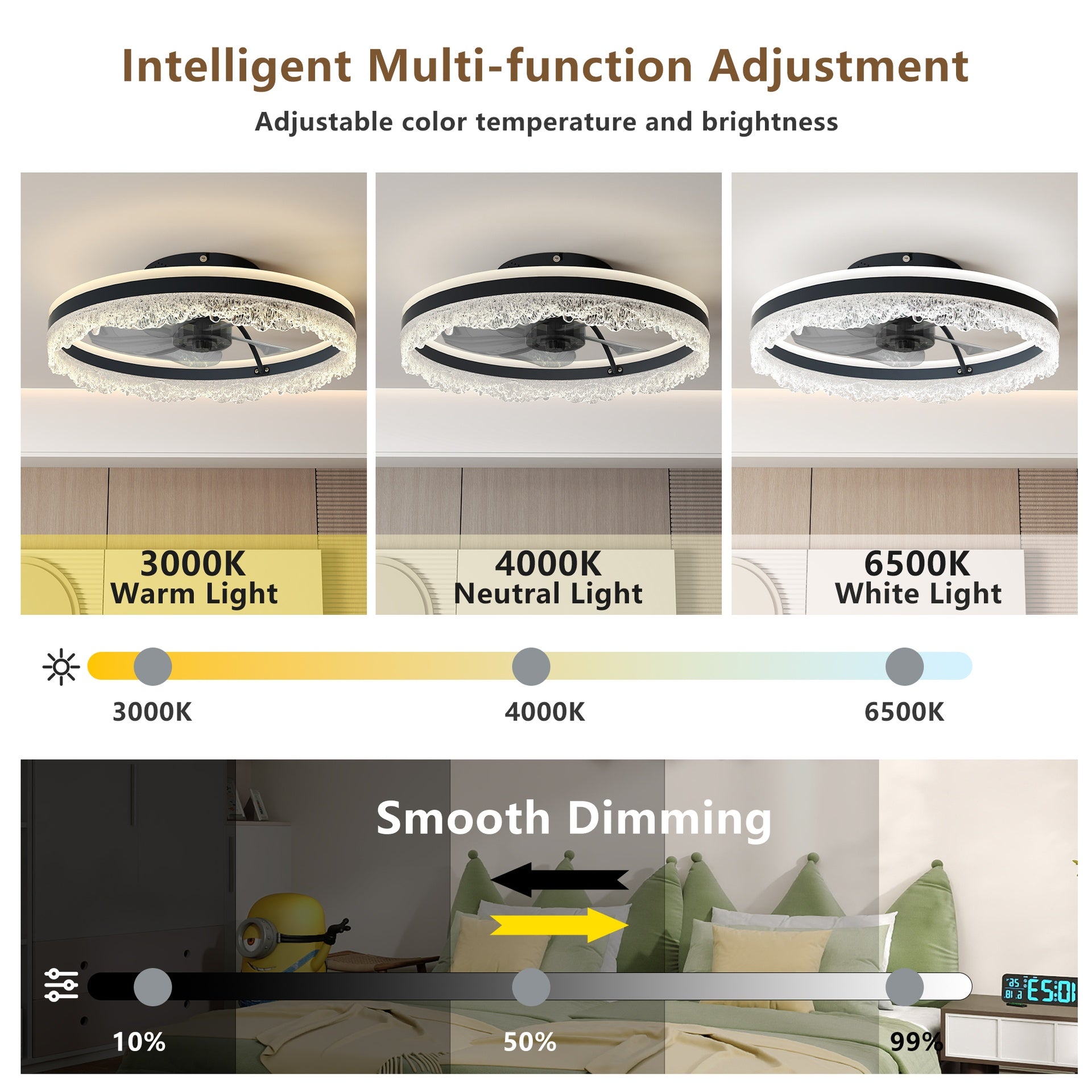 20" Smart Silent Ceiling Fan with Light – Crystal Flush Mount LED Fan Lamp with Hidden Blades and Natural Airflow System, Designed for Bedroom, Kids' Room and Study