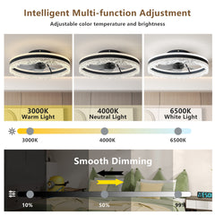 20" Smart Silent Ceiling Fan with Light – Crystal Flush Mount LED Fan Lamp with Hidden Blades and Natural Airflow System, Designed for Bedroom, Kids' Room and Study