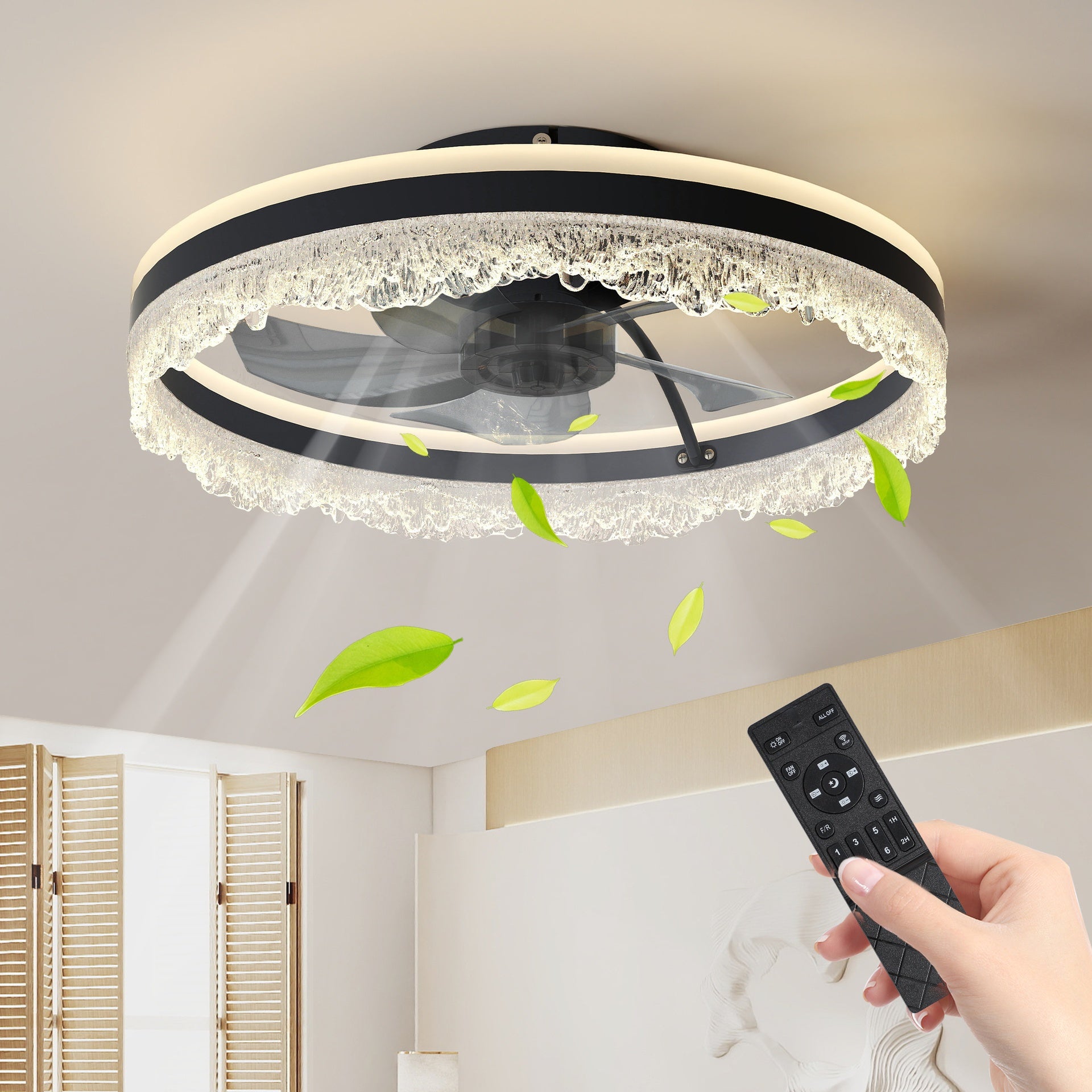 20" Smart Silent Ceiling Fan with Light – Crystal Flush Mount LED Fan Lamp with Hidden Blades and Natural Airflow System, Designed for Bedroom, Kids' Room and Study
