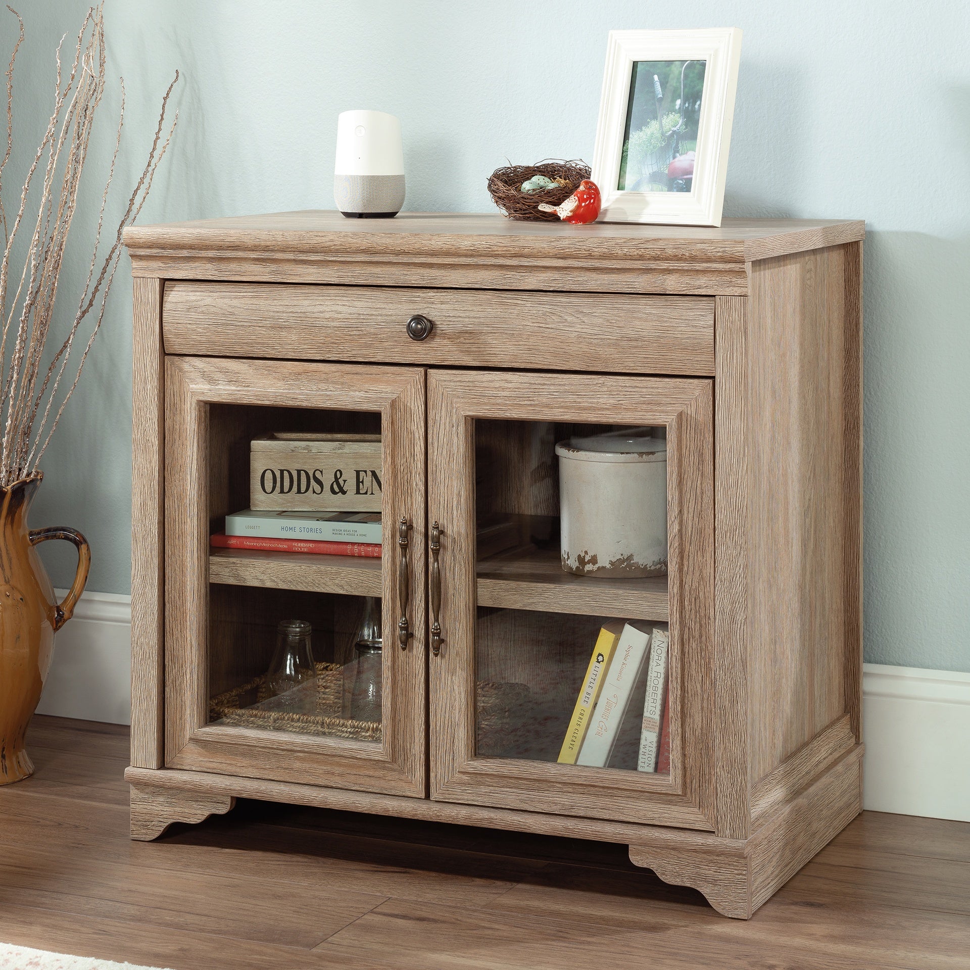 Library Base with 2 Glass Doors and Spacious Drawer, Brown finish
