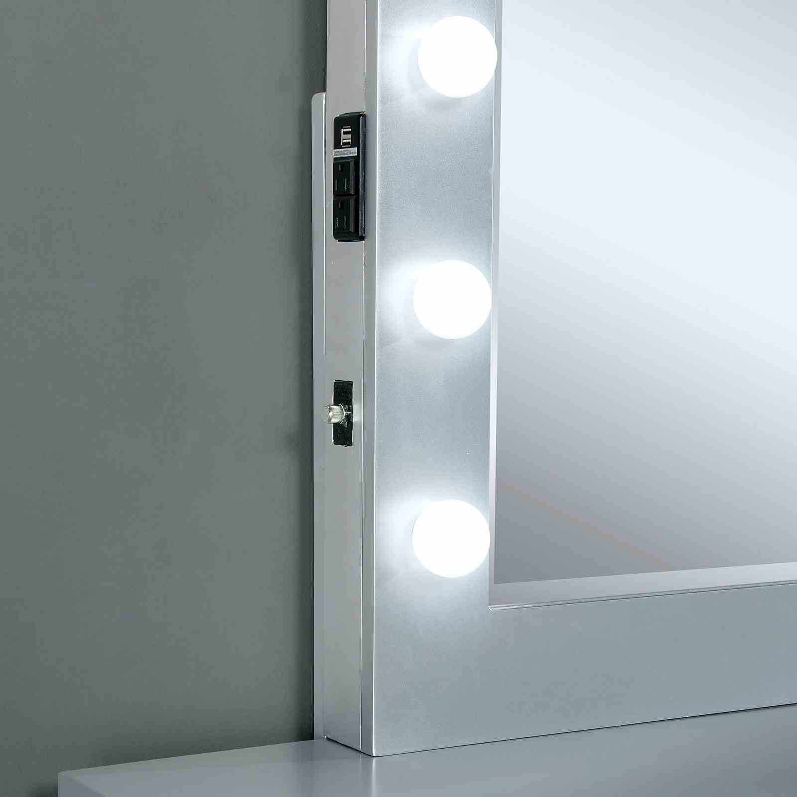 Contemporary Style 1pc Vanity w/ Stool Set Glass Top Storage Drawers Central Mirror w/ Bulbs USB And Power Outlet White and Gray Finish