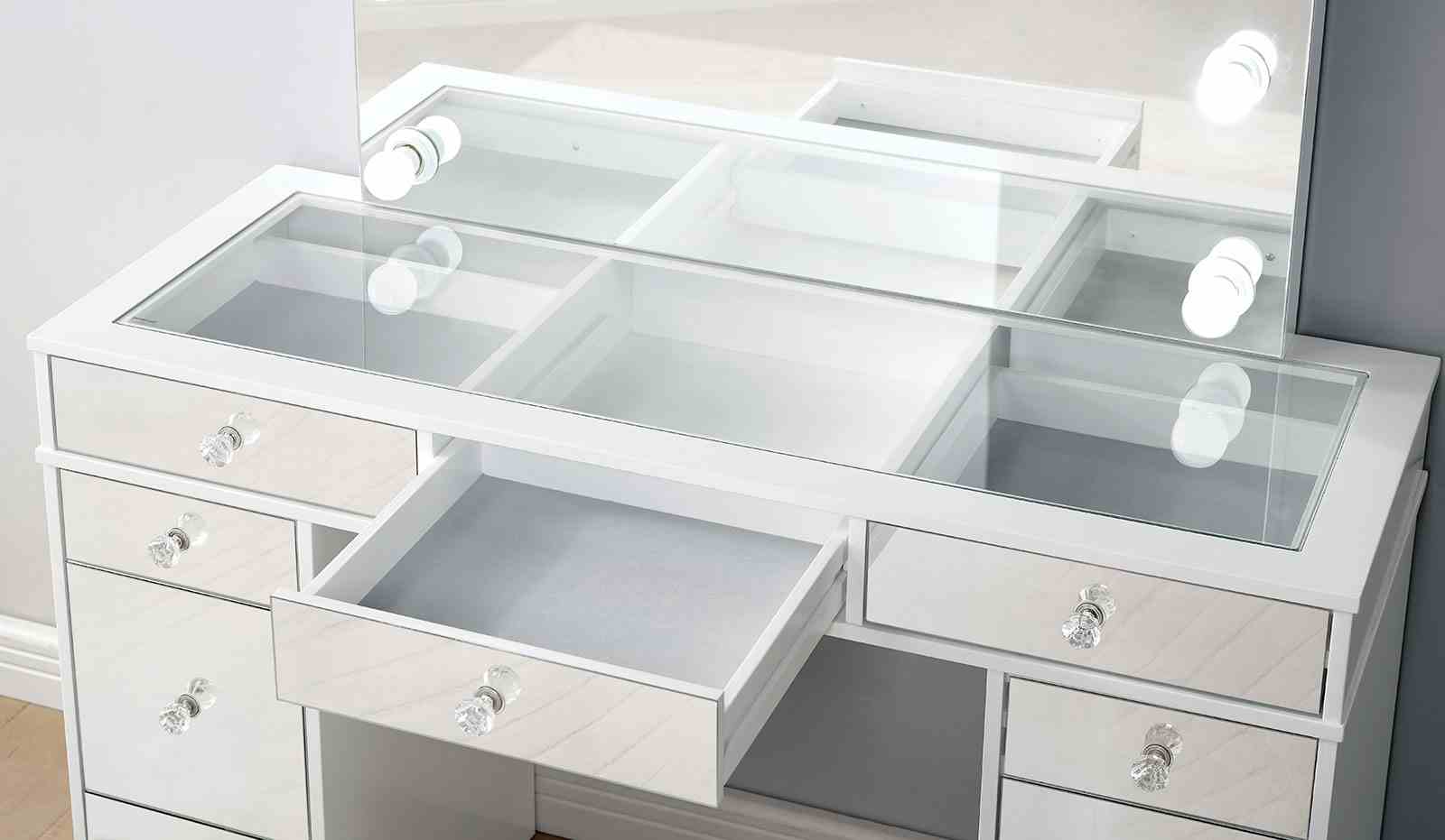 Contemporary Style 1pc Vanity w/ Stool Set Glass Top Storage Drawers Central Mirror w/ Bulbs USB And Power Outlet White and Gray Finish