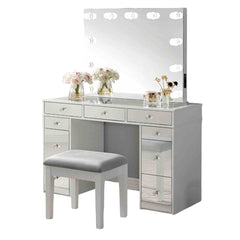 Contemporary Style 1pc Vanity w/ Stool Set Glass Top Storage Drawers Central Mirror w/ Bulbs USB And Power Outlet White and Gray Finish