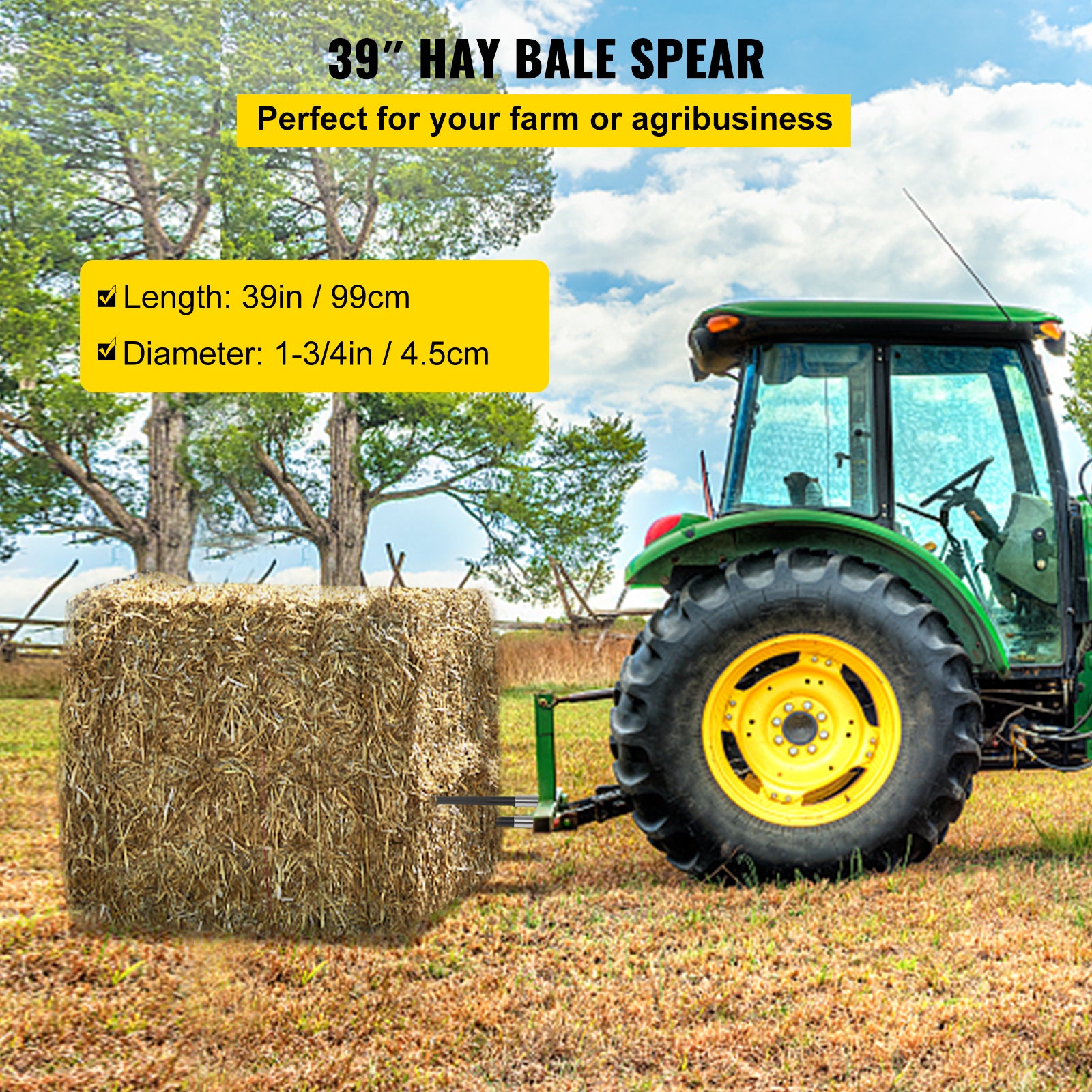 Hay Spear 39" Bale Spear 3600 lbs Capacity, Bale Spike Quick Attach Square Hay Bale Spears 1 3/4", Black Coated Bale Forks, Bale Hay Spike with Hex Nut and Sleeve for Buckets Tractors Loaders