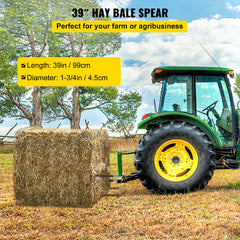 Hay Spear 39" Bale Spear 3600 lbs Capacity, Bale Spike Quick Attach Square Hay Bale Spears 1 3/4", Black Coated Bale Forks, Bale Hay Spike with Hex Nut and Sleeve for Buckets Tractors Loaders