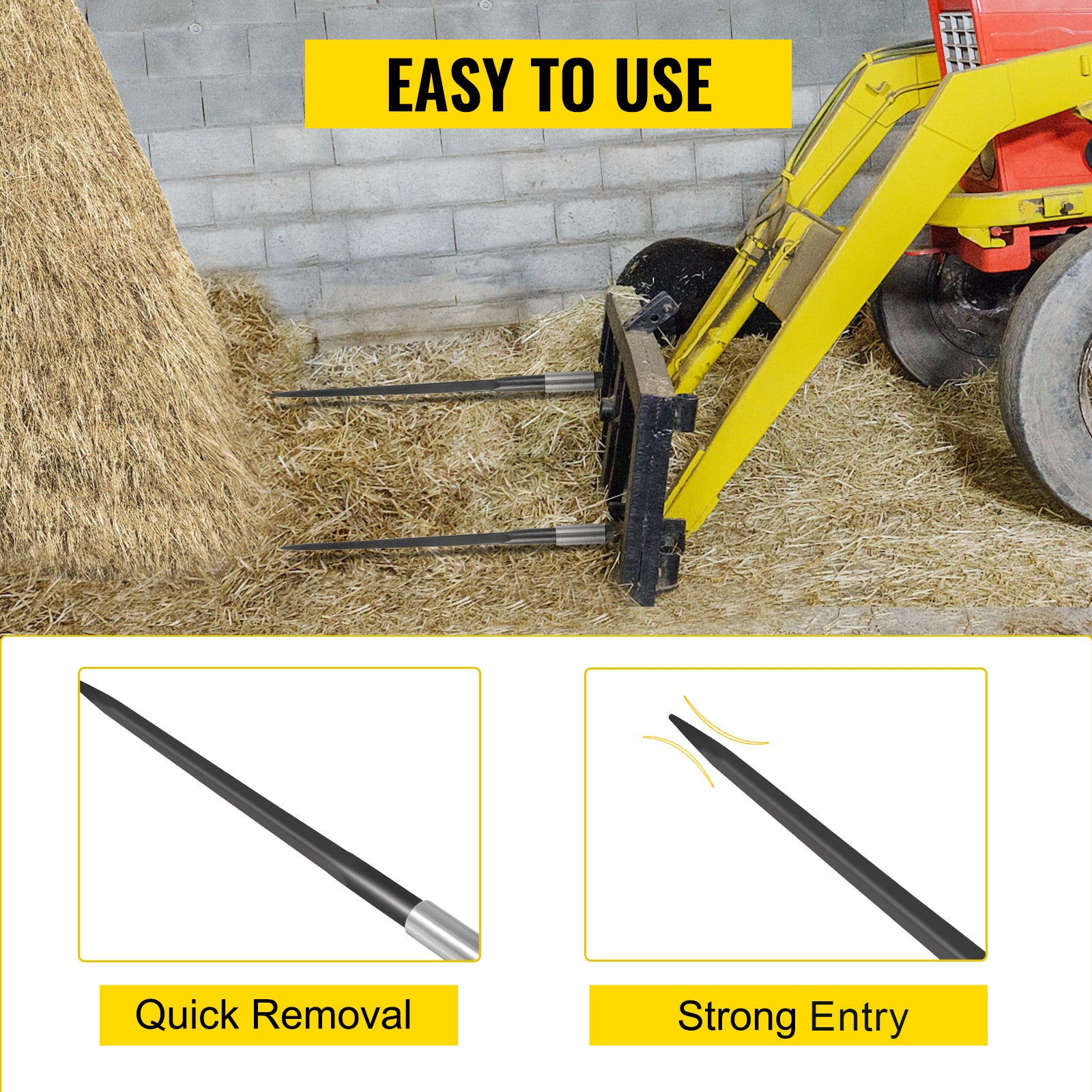 Hay Spear 39" Bale Spear 3600 lbs Capacity, Bale Spike Quick Attach Square Hay Bale Spears 1 3/4", Black Coated Bale Forks, Bale Hay Spike with Hex Nut and Sleeve for Buckets Tractors Loaders