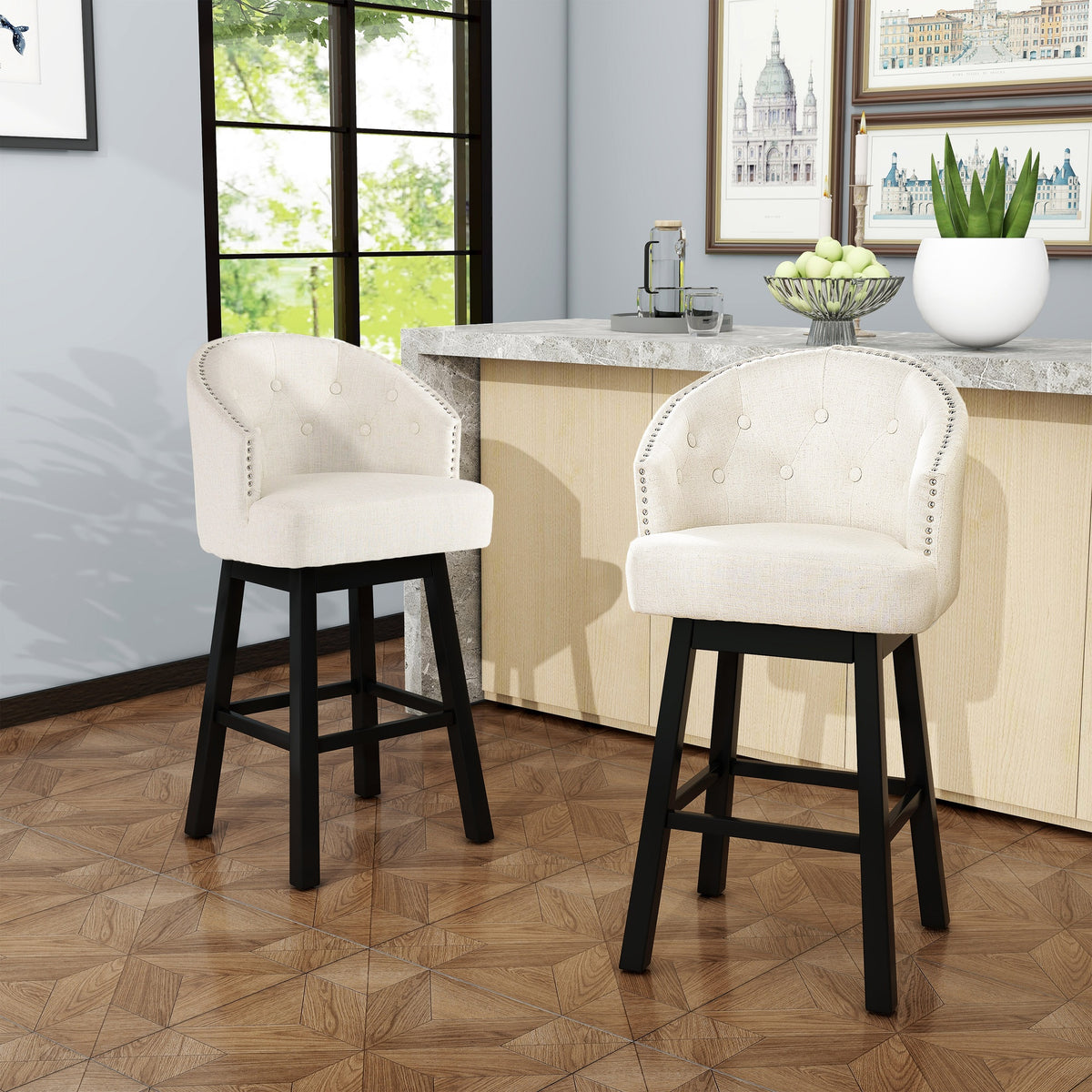 360 Degree Swivel Bar Stool with Stunning Nailhead Trim, Set of 2, Beige