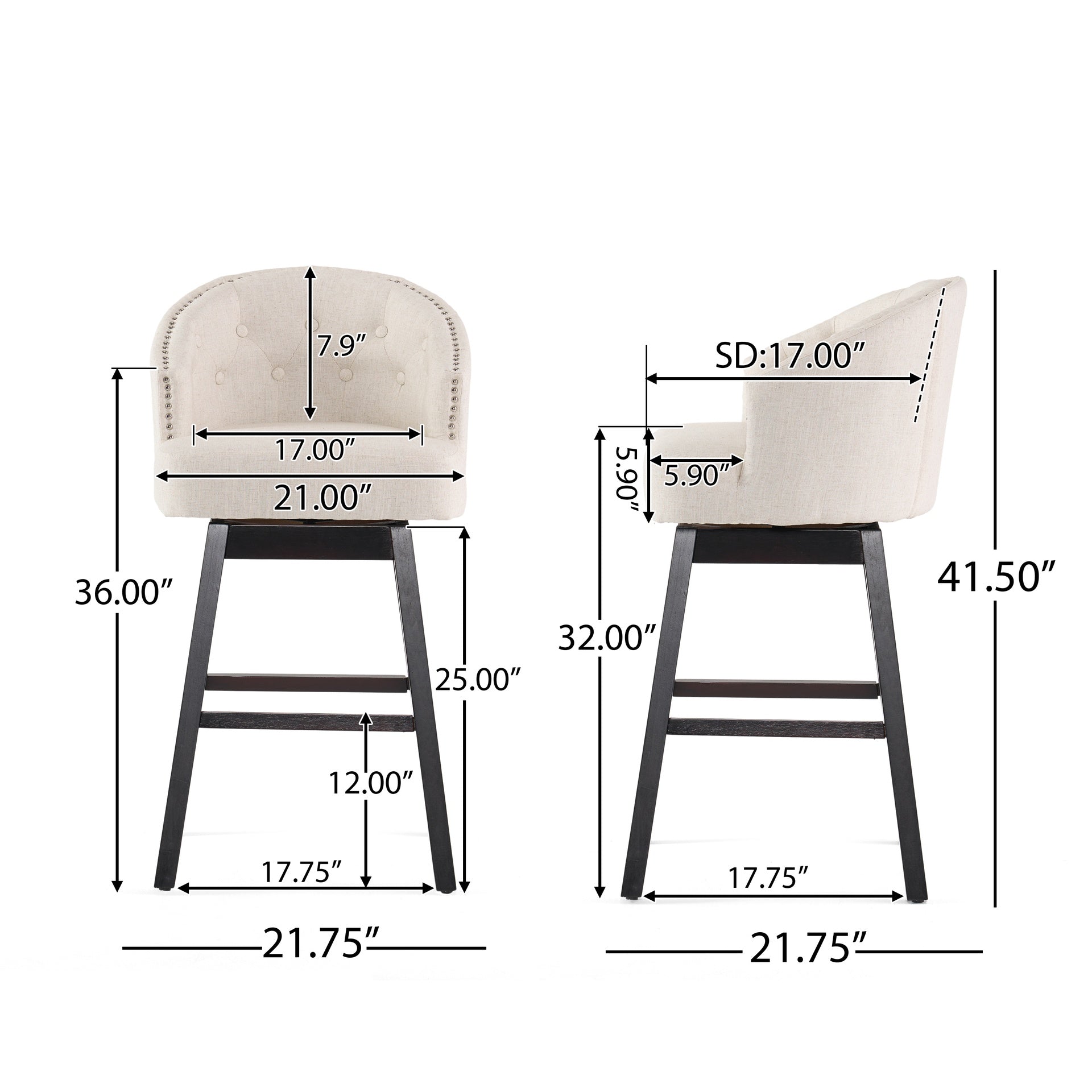 360 Degree Swivel Bar Stool with Stunning Nailhead Trim, Set of 2, Beige