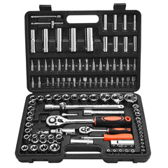 Socket Set, 108 Pieces, 1/4 & 1/2 inch Drive Socket and Ratchet Set, Metric Size from 4 to 32 mm, Mechanic Tool Kit with Bits, Accessories, Storage Case, CR-V Alloy Steel, for Automotive Repair