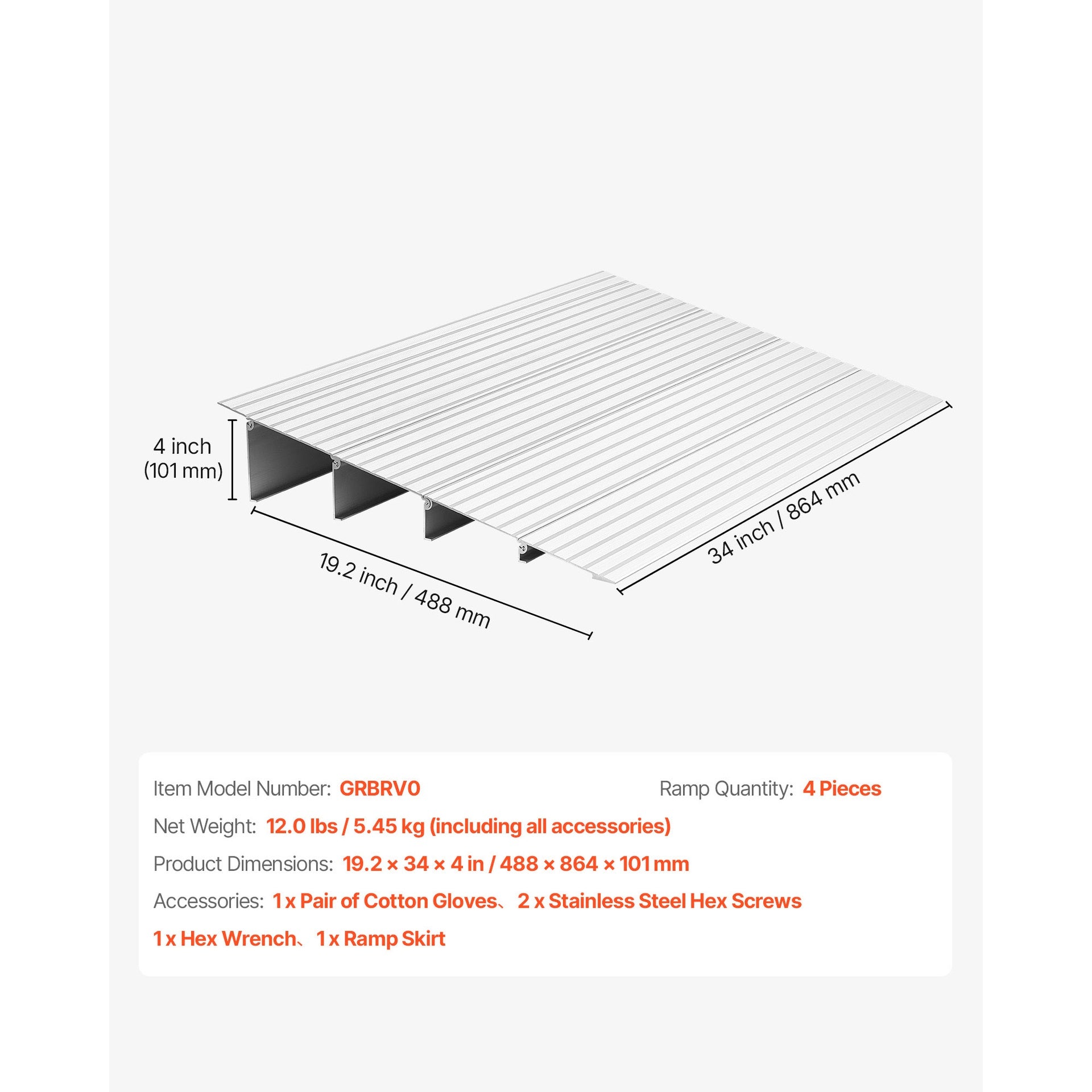Door Threshold Ramp, 4 inch Rise, Aluminum Alloy Threshold Ramp Rated 800 lbs Load Capacity, Handicap Ramps for Home Steps for Wheelchair, Scooters, Power Chairs, Walkers, Bicycle, Tricycle
