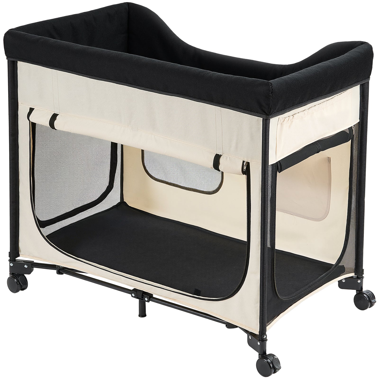 Elevated Lounge Pet Bed, Foldable Bunk Dog Bed with 600D Oxford Cloth and Dutch Velvet, Portable Raised Cot with Wheels, Side Storage Bags, and Carry Bag for Cats & Dogs, XL, Beige