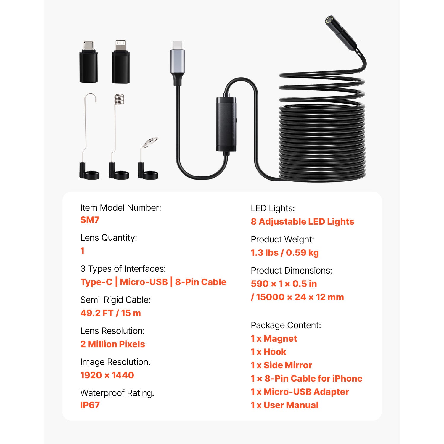 Endoscope Camera 1920P HD Borescope for Android & IOS with 49.2FT Cable