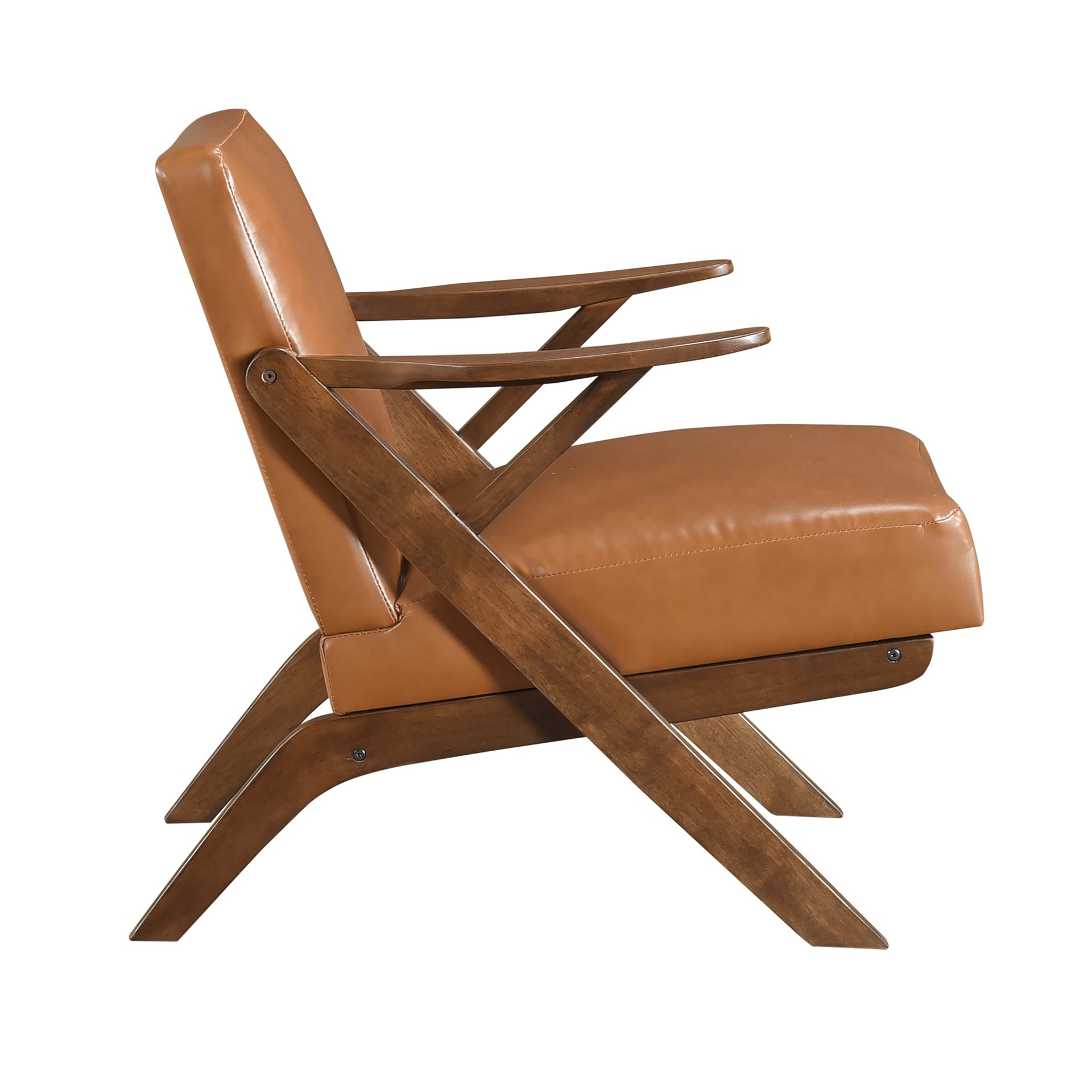 Brown Finish Solid Rubberwood Frame 1pc Accent Chair Brown Faux Leather Upholstery Living Room Furniture